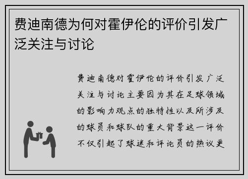 费迪南德为何对霍伊伦的评价引发广泛关注与讨论